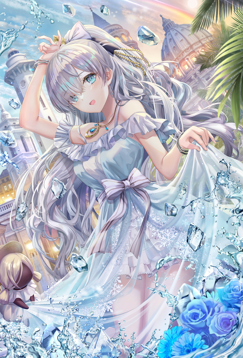 1girl anastasia_(fate) anastasia_(swimsuit_archer)_(fate) bangs bare_shoulders blue_dress blue_eyes blue_sky blush bracelet breasts collarbone doll dress earrings fate/grand_order fate_(series) hair_over_one_eye highres ice jewelry large_breasts long_hair looking_at_viewer necklace palm_tree pendant ponytail see-through_skirt silver_hair skirt sky torino_akua tree very_long_hair viy_(fate) water