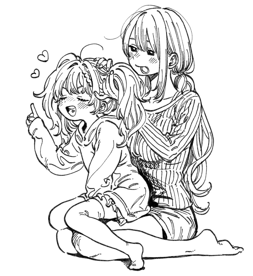 2girls ahoge barefoot bra_strap closed_eyes closed_mouth collarbone commentary_request eyebrows_hidden_by_hair greyscale hair_tie hair_tie_in_mouth hand_up hantsuki_(ichigonichiya) heart highres hood hoodie index_finger_raised lineart long_hair long_sleeves low-tied_long_hair monochrome mother_and_daughter mouth_hold multiple_girls open_mouth original shirt short_shorts shorts sitting sitting_on_person striped_clothes striped_shirt tying_another's_hair v-shaped_eyebrows vertical-striped_clothes vertical-striped_shirt