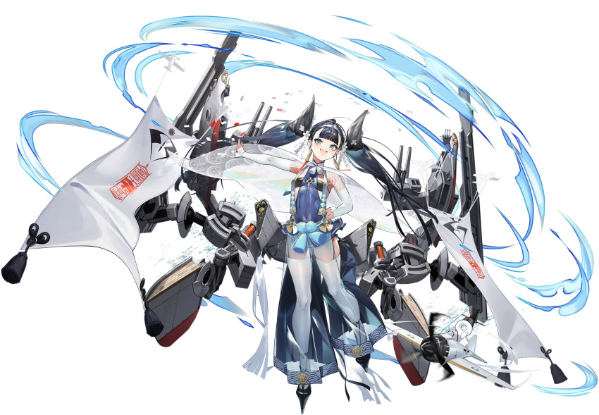 1girl aircraft airplane azur_lane bangs black_footwear black_hair blue_eyes breasts cape earrings eyebrows_visible_through_hair full_body hair_ornament hand_on_hip highres izuru_(timbermetal) japanese_clothes jewelry katsuragi_(azur_lane) long_hair looking_at_viewer machinery official_art open_mouth see-through shiny shiny_hair small_breasts smile solo standing thighhighs tied_hair transparent_background turret twintails weapon white_legwear