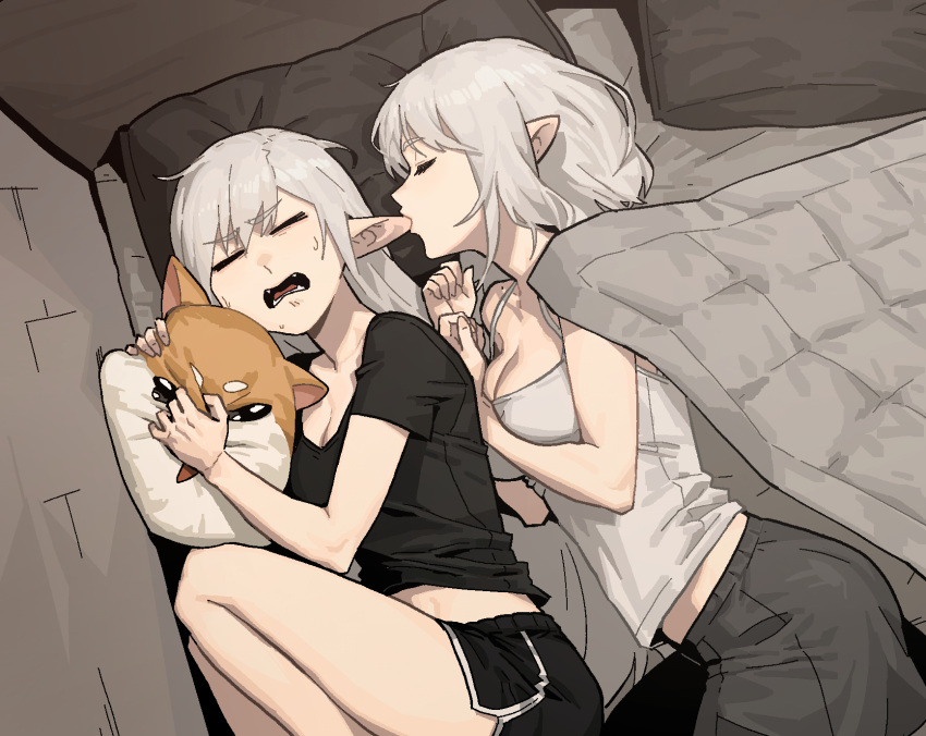 2girls biting black_shirt black_shorts breasts camisole cleavage closed_eyes commentary dolphin_shorts ear_biting from_above frown gogalking grey_shorts highres holding holding_pillow licking licking_ear long_hair lying medium_breasts medium_hair multiple_girls on_side open_mouth original pillow pointy_ears shirt shorts siblings sisters sleeping sweatdrop symbol-only_commentary vampire's_sister_(gogalking) vampire_(gogalking) white_camisole white_hair yuri