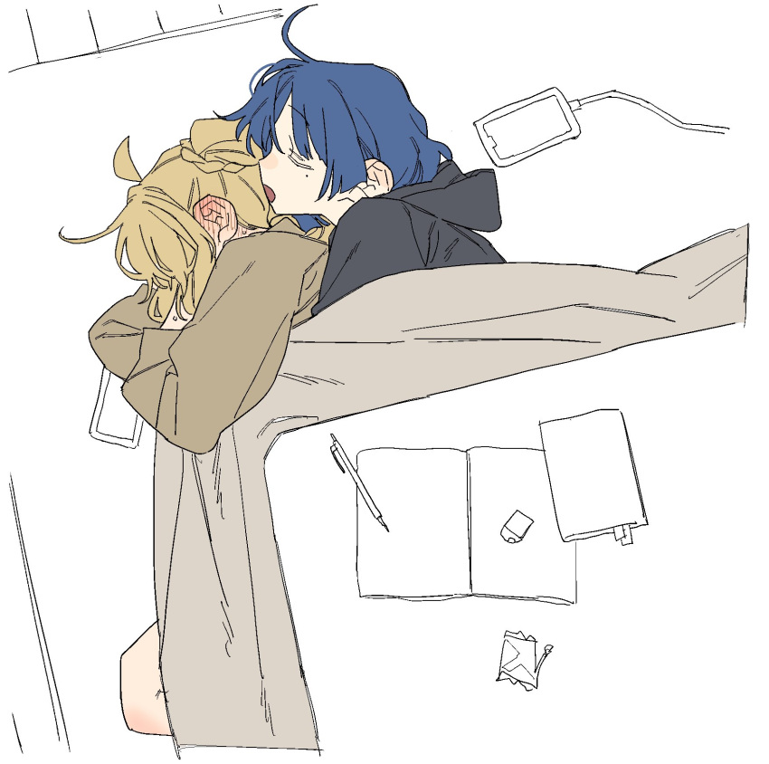 2girls ahoge black_hoodie blonde_hair blue_hair blush bocchi_the_rock! book brown_sweater cellphone dayama highres hood hoodie hug ijichi_nijika long_hair mole mole_under_eye multiple_girls notebook on_floor open_book open_mouth pen phone profile smartphone sweat sweater table yamada_ryo yuri