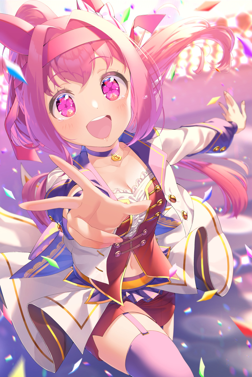 1girl absurdres animal_ears blue_choker blue_legwear blush breasts choker cleavage collarbone eyebrows_visible_through_hair garter_straps hair_between_eyes hair_intakes haru_urara_(umamusume) highres horse_ears horse_girl horse_tail long_hair long_sleeves navel open_mouth pink_eyes pink_hair ponytail smile solo tail teeth thighhighs umamusume upper_teeth yupiteru