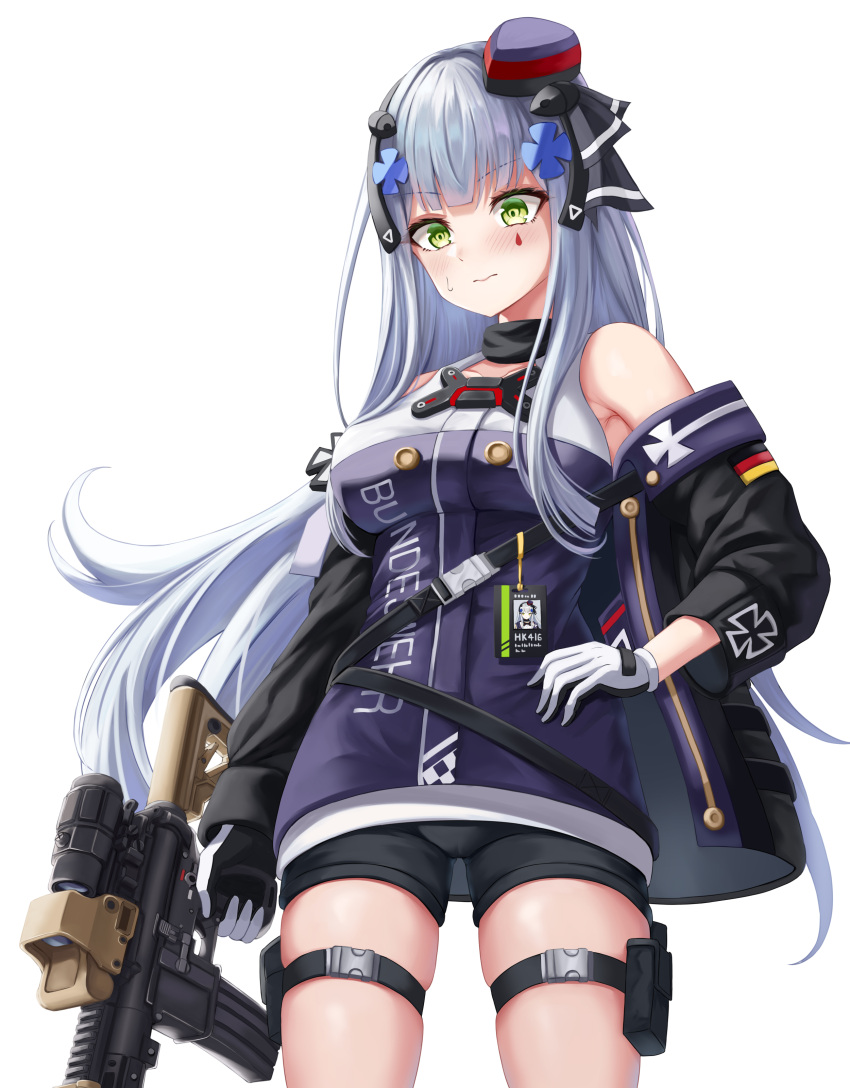 1girl absurdres assault_rifle bangs black_jacket black_ribbon black_shorts blue_hair blush breasts closed_mouth crossed_bangs daisy_cutter eyebrows_visible_through_hair facial_mark from_below german_flag girls'_frontline gloves green_eyes gun h&amp;k_hk416 hair_ornament hair_ribbon hand_on_hip hat highres hk416_(girls'_frontline) holding holding_weapon jacket jacket_pull long_hair medium_breasts mini_hat purple_headwear ribbon rifle shorts solo standing teardrop teardrop_facial_mark teardrop_tattoo uniform weapon white_background white_gloves