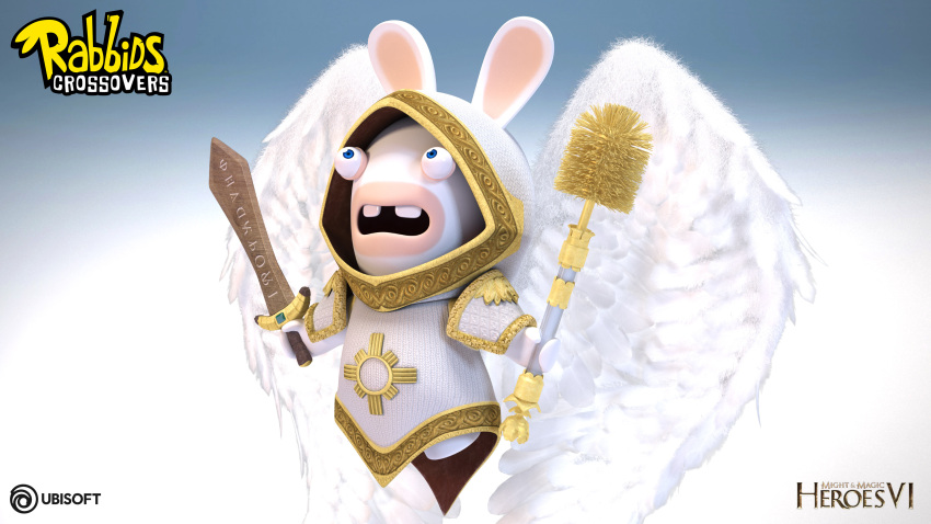 16:9 2016 3d_(artwork) 4k absurd_res adobe_illustrator_(artwork) adobe_photoshop_(artwork) angel anthro autodesk_3ds_max_(artwork) blue_eyes buckteeth clothed clothed_anthro clothed_male clothing colored crossover digital_media_(artwork) dual_wielding english_description english_text feathered_wings feathers flying full-length_portrait fur gradient_background hi_res holding_melee_weapon holding_object holding_sword holding_toilet_brush holding_weapon hood_up hooded_robe hybrid lagomorph light lighting logo long_ears looking_up male male_anthro mammal melee_weapon might_&amp;_magic_heroes_vi might_and_magic mitten_hands multicolored_body noseless official_art open_mouth portrait rabbid raving_rabbids rayman_(series) robe seraph_(angel) shaded simple_background solo sword tan_inner_ear teeth text thomas_veyrat title toilet_brush two_tone_body ubisoft weapon white_body white_clothing white_fur white_robe white_wings wide_eyed widescreen wings zbrush_(artwork)