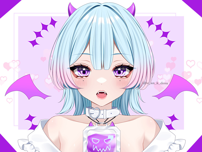 1girl aqua_hair armpit_crease artist_name bat_wings belt belt_collar blood blood_bag blush collar collarbone commentary double-parted_bangs dress eyelashes fangs gradient_hair heart highres horns looking_at_viewer multicolored_hair open_mouth original pink_background pink_horns purple_eyes short_hair solo straight-on symbol-only_commentary upper_body wanko_(yurika0320) white_belt white_dress wings