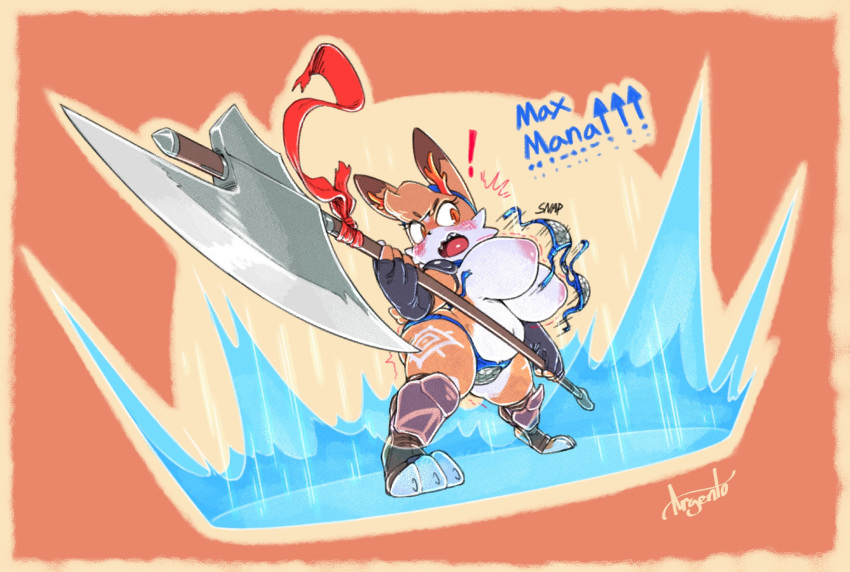 2025 anthro argento armor atlyss axe battle_axe big_breasts breast_expansion breasts cheek_tuft clothing countershade_face countershading digital_drawing_(artwork) digital_media_(artwork) dipstick_ears ear_markings exclamation_point expansion facial_tuft fangs female fighting_pose fur fur_markings head_tuft hi_res huge_breasts hyper hyper_breasts lagomorph leporid mammal markings multicolored_ears nipples orange_background orange_body orange_eyes orange_fur poon_(atlyss) pose rabbit simple_background solo surprised teeth tuft unconvincing_armor wardrobe_malfunction weapon wide_hips