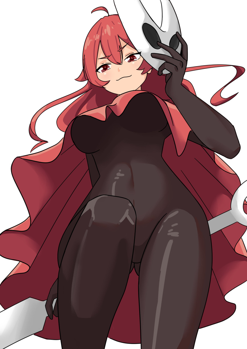 1girl absurdres ahoge black_bodysuit bodysuit breasts cloak cosplay eris_greyrat from_below highres holding holding_mask hollow_knight hollow_knight:_silksong hornet_(hollow_knight) hornet_(hollow_knight)_(cosplay) large_breasts mask mushoku_tensei qarimune red_cloak red_eyes red_hair smile white_background white_mask