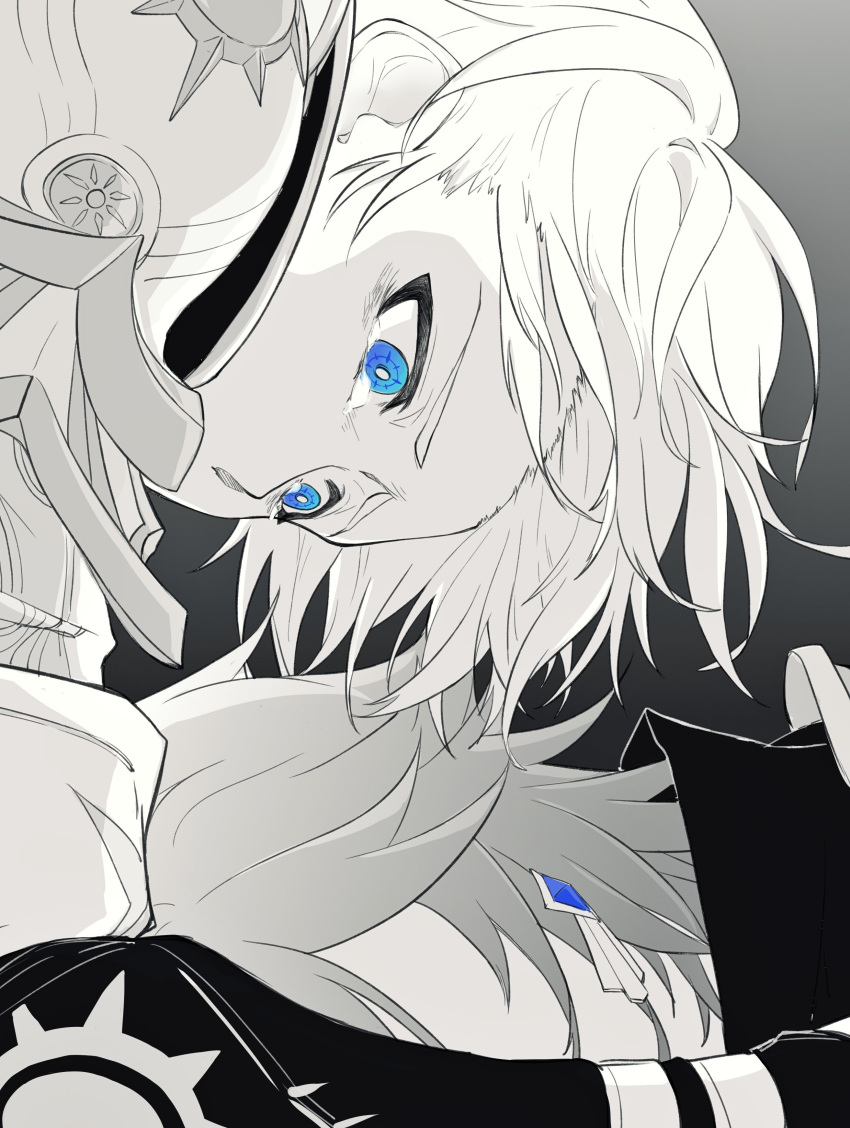 2boys absurdres armor black_background black_shirt blue_eyes coat greyscale hashtag-only_commentary highres honkai:_star_rail honkai_(series) kylesaroyan2 male_focus monochrome multiple_boys mydei_(honkai:_star_rail) pauldrons phainon_(honkai:_star_rail) shirt short_hair shoulder_armor simple_background single_pauldron tears white_coat white_hair