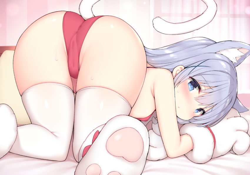 1girl all_fours animal_ears animal_hands ass bare_arms bare_shoulders bed_sheet bikini blue_eyes blue_hair blush cat_ears cat_paws cat_tail covered_anus eyebrows_visible_through_hair from_behind gloves gochuumon_wa_usagi_desu_ka? hair_between_eyes hair_ornament kafuu_chino long_hair looking_at_viewer parted_lips paw_gloves red_bikini solo swimsuit tail thighhighs watanon_(gakushokutei) white_legwear x_hair_ornament