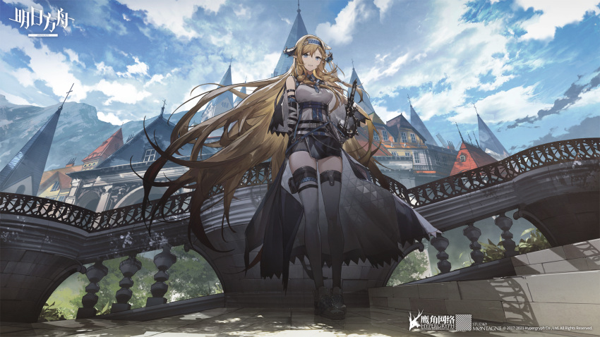 1girl architecture arknights bare_shoulders black_cape black_footwear black_shorts blonde_hair blue_eyes boots breasts bridge building cape chinese_commentary cloud cloudy_sky commentary_request copyright_name day dragon_horns english_commentary floating_hair from_behind full_body grey_legwear highres horns kieed long_hair looking_at_viewer medium_breasts mixed-language_commentary official_alternate_costume outdoors parted_lips pointy_ears saileach_(arknights) sheath sheathed shirt shorts sky smile solo standing thighhighs very_long_hair watermark white_shirt