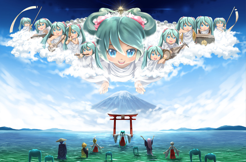 2boys 6+girls anniversary aqua_eyes aqua_hair arms_up artist_name backlighting banner bare_shoulders blonde_hair blue_hair blue_kimono blue_robe bow brown_hair clone cloud commentary cymbals day detached_sleeves drum drumsticks floating flute from_behind hair_bow hakama hakama_skirt hatsune_miku highres instrument instrument_request japanese_clothes kagamine_len kagamine_rin kaito_(vocaloid) kimono lolita_majin long_hair looking_at_viewer lute_(instrument) megurine_luka meiko miko mikudayoo monk mount_fuji mountainous_horizon multiple_boys multiple_girls multiple_persona ocean open_mouth outdoors outstretched_arms own_hands_together pink_hair praying red_skirt robe scenery shinto shirt shiteyan'yo short_hair skirt sleeveless sleeveless_shirt smile spiked_hair statue t-pose toga torii twintails very_long_hair very_wide_shot vocaloid wading white_bow white_shirt white_sleeves wide_sleeves