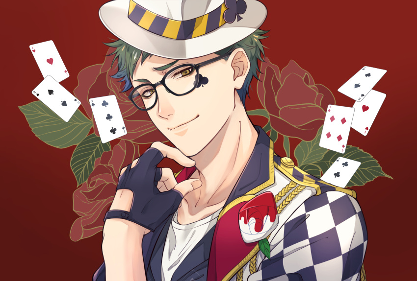 1boy black_jacket black_vest brown_eyes card closed_mouth club_(shape) diamond_(shape) facial_mark falling_card floral_background flower glasses green_hair hand_on_own_face hat heart highres jacket katena_souka looking_at_viewer male_focus multicolored_clothes multicolored_jacket open_clothes open_jacket ornate_clothes red_background red_flower red_rose rose rose_background shirt short_hair smile solo spade_(shape) trey_clover twisted_wonderland two-tone_jacket upper_body vest white_jacket white_shirt