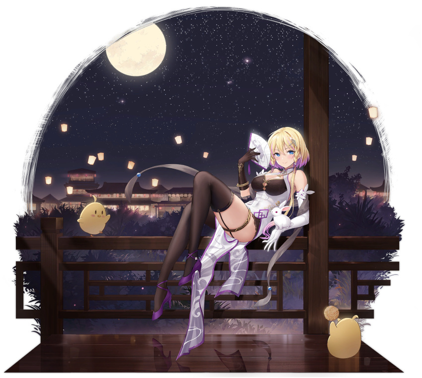 1girl architecture asymmetrical_gloves azur_lane black_gloves black_legwear blonde_hair blue_eyes breasts bunny chinese_clothes cleavage covered_navel dress east_asian_architecture elbow_gloves folding_fan framed_breasts full_body gloves hand_fan high_heels highres holding holding_fan lantern lattice long_hair manjuu_(azur_lane) marblehead_(azur_lane) marblehead_(moongazing_on_the_29.5th)_(azur_lane) medium_breasts moon night official_art on_railing outdoors paper_lantern pelvic_curtain side_slit silveroid single_elbow_glove sky_lantern solo thigh_strap thighhighs transparent_background white_dress white_gloves
