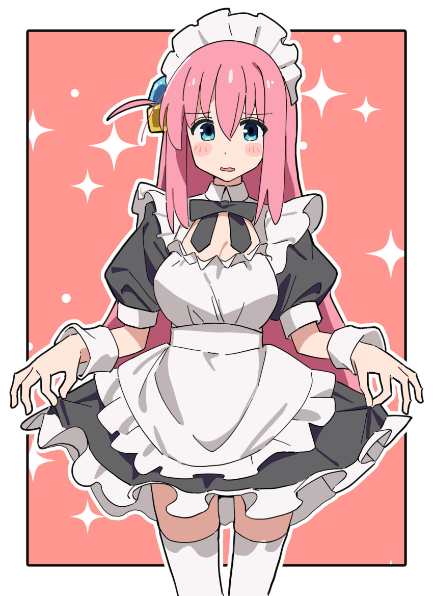 1girl alternate_costume apron black_bow black_bowtie blue_eyes blush_stickers bocchi_the_rock! border bow bowtie breasts cleavage cleavage_cutout clothing_cutout commentary cowboy_shot cube_hair_ornament dot_nose enmaided frilled_skirt frills gotoh_hitori hair_between_eyes hair_ornament highres large_breasts long_hair looking_at_viewer maid maid_apron noyama_takenoko one_side_up open_mouth outline outside_border pink_hair puffy_short_sleeves puffy_sleeves red_background short_sleeves skirt skirt_hold solo sparkle straight-on thighhighs very_long_hair white_apron white_border white_outline white_thighhighs wrist_cuffs zettai_ryouiki