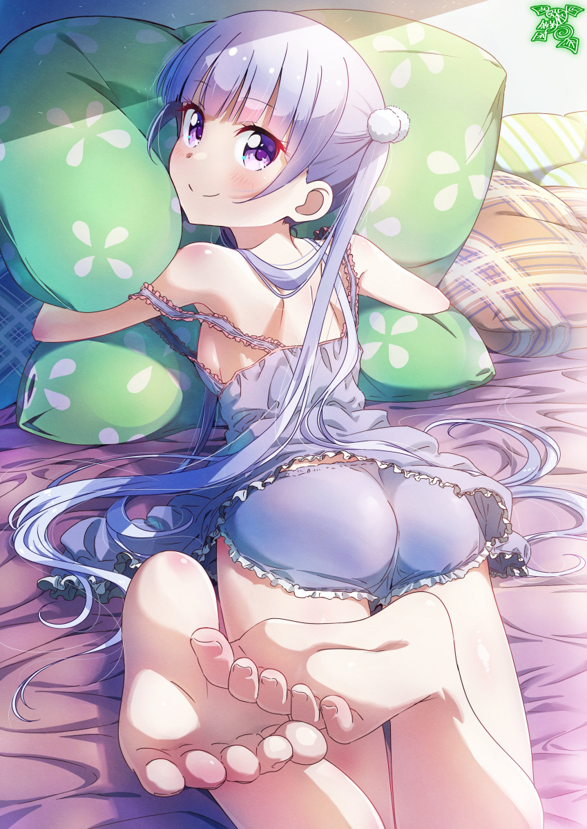 1girl absurdres ass back bangs barefoot bed bed_sheet bedroom blunt_bangs blush breasts camisole closed_mouth feet feet_up foot_focus highres indoors legs light_purple_hair long_hair looking_at_viewer looking_back lying new_game! object_hug on_bed on_stomach pajamas pillow pillow_hug pink_x purple_eyes short_shorts shorts shoulder_blush sleepwear small_breasts smile solo spaghetti_strap strap_slip sunlight suzukaze_aoba the_pose toes twintails