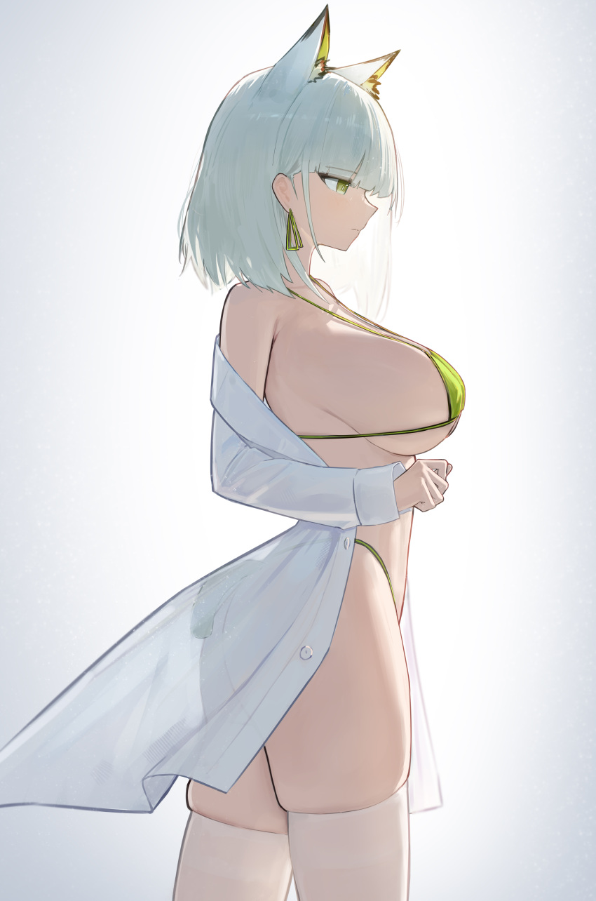 1girl absurdres alternate_costume animal animal_ear_fluff animal_ears arknights bare_shoulders bikini breasts cat_ears cat_girl chinese_commentary ciexbiet closed_mouth commentary_request cowboy_shot earrings extra_ears from_behind green_bikini green_eyes highres huge_breasts jewelry kal'tsit_(arknights) looking_at_viewer looking_to_the_side medium_hair micro_bikini off_shoulder open_clothes open_shirt shirt sidelocks simple_background solo standing straight_hair string_bikini swimsuit thighhighs thighs white_background white_hair white_shirt white_thighhighs