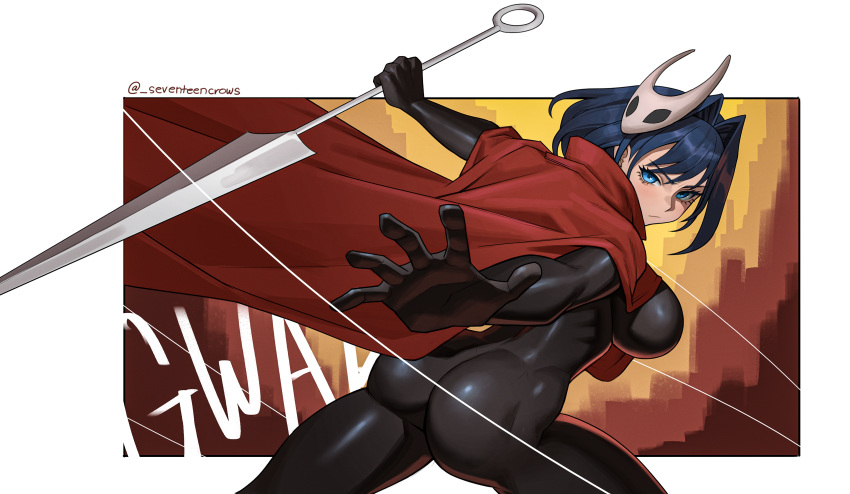 1girl absurdres ass black_bodysuit blue_eyes bodystocking bodysuit breasts character_mask cloak closed_mouth cosplay hair_intakes highres hololive hololive_english horned_mask hornet_(hollow_knight) hornet_(hollow_knight)_(cosplay) large_breasts latex latex_bodysuit looking_at_viewer mask mask_on_head needle_(hollow_knight) ouro_kronii red_cloak seventeencrows short_hair solo virtual_youtuber white_mask