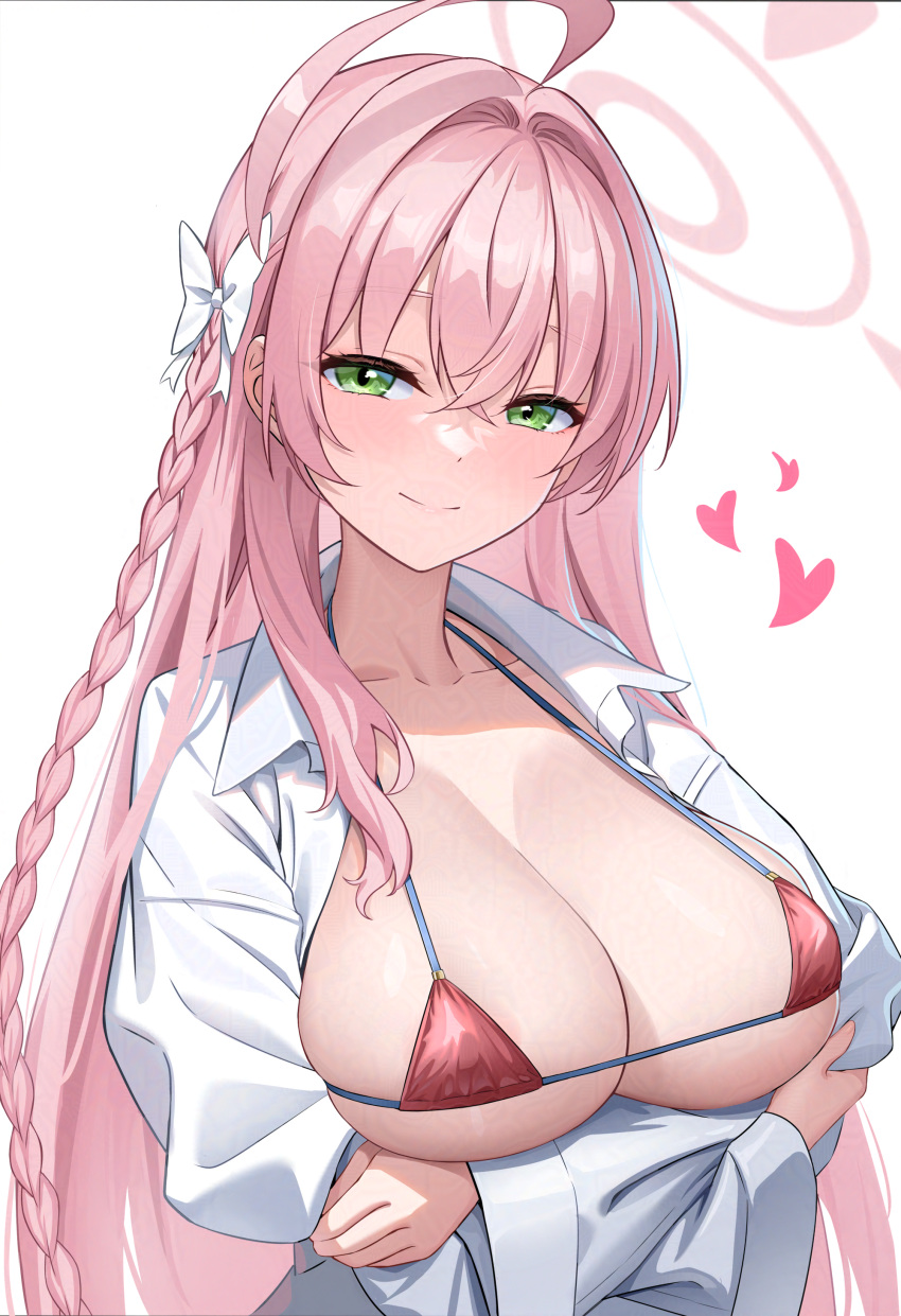 1girl absurdres arms_under_breasts bikini blue_archive blush bow braid breasts closed_mouth crossed_arms crossed_bangs green_eyes hair_between_eyes hair_bow halo hanako_(blue_archive) hanako_(swimsuit)_(blue_archive) highres large_breasts long_hair looking_at_viewer official_alternate_costume pink_bikini pink_hair pink_halo shirt sidelocks single_braid sion_(9117) smile solo swimsuit white_bow white_shirt