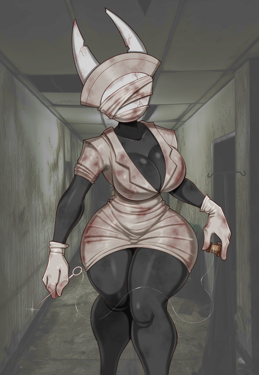 absurd_res anthro arthropod bandage biped black_body blood bodily_fluids breasts clothed clothing detailed_background dress female glistening glistening_body gloves handwear hi_res hollow_knight_(franchise) hornet_(hollow_knight) inside konami mehdrawings monotone_body nurse sewing_needle silent_hill solo spool standing team_cherry thick_thighs white_head wide_hips