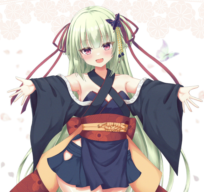 1girl :d back_bow bare_shoulders black_kimono black_skirt blunt_bangs blunt_ends blush bow breasts bug butterfly butterfly_hair_ornament commentary cowboy_shot criss-cross_halter eyelashes eyes_visible_through_hair film_grain green_hair hair_ornament hair_ribbon halterneck happy highres hime_cut incoming_hug japanese_clothes kimono long_hair long_ribbon long_sleeves looking_at_viewer miniskirt murasame_(senren) open_mouth outstretched_arms outstretched_hand pleated_skirt red_bow red_eyes red_ribbon red_sash ribbon sash senren_banka sidelocks simple_background skirt small_breasts smile solo straight-on straight_hair two_side_up very_long_hair white_background wide_sleeves yuunagi_(yunagi1373)