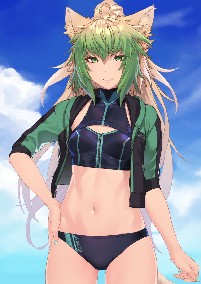 1girl animal_ears atalanta_(fate) bangs bikini black_bikini blonde_hair blue_sky blush braid breasts cat_ears fate/apocrypha fate/grand_order fate_(series) french_braid gradient_hair green_eyes green_hair green_jacket highres hikichi_sakuya jacket long_hair looking_at_viewer multicolored_hair navel open_clothes open_jacket ponytail sky smile solo swimsuit thighs