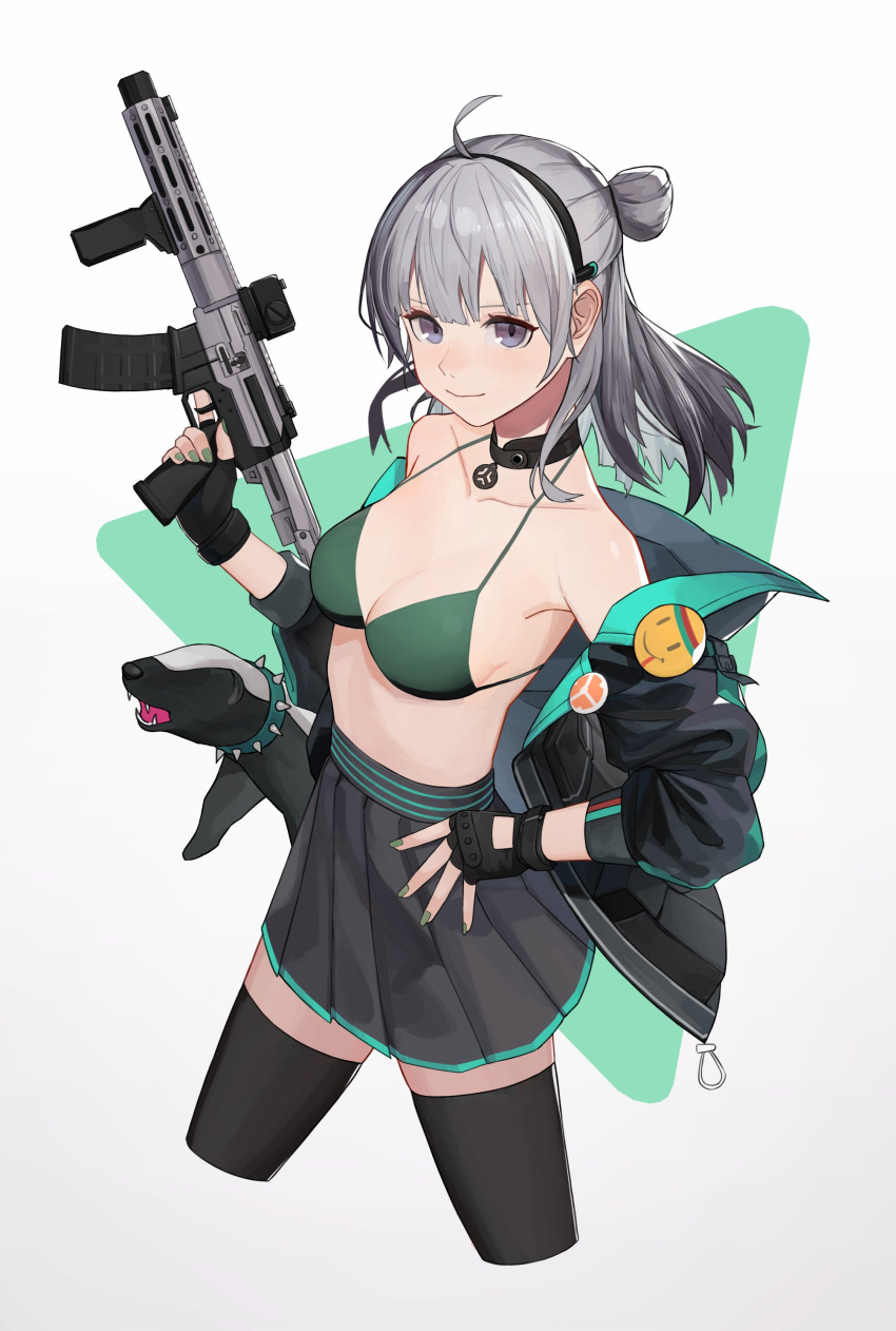 1girl absurdres ahoge animal aoiro_(t_aoiro123) badge badger bangs bikini bikini_top black_choker black_gloves black_jacket black_legwear black_skirt breasts choker cleavage collar commentary_request commission cropped_legs fingerless_gloves girls'_frontline gloves green_bikini green_nails grey_hair gun hair_bun highres holding holding_gun holding_weapon honey_badger_(girls'_frontline) honey_badger_(gun) jacket looking_at_viewer medium_breasts medium_hair nail_polish off_shoulder pleated_skirt purple_eyes simple_background skeb_commission skirt spiked_collar spikes swimsuit thighhighs two-tone_background weapon