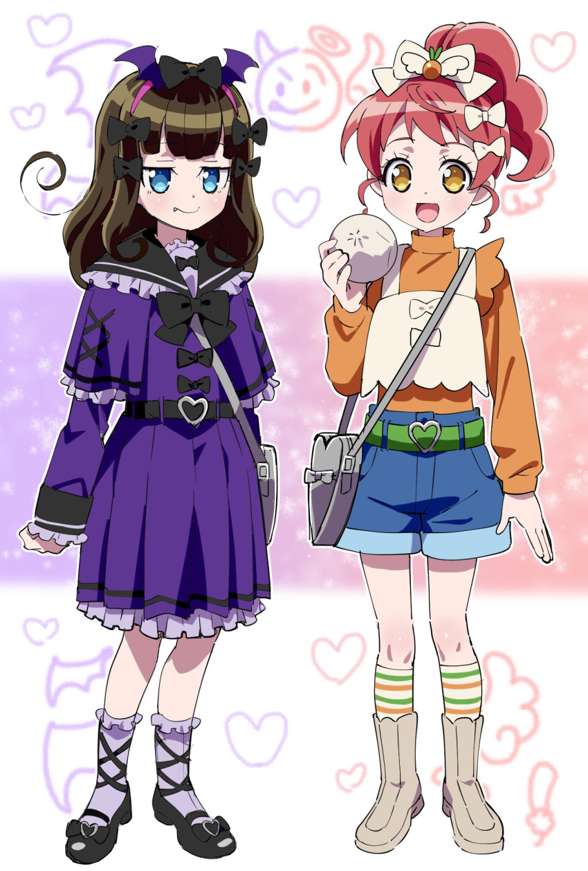 2girls :d arm_at_side bag belt black_bow black_hair black_sailor_collar blue_eyes blue_shoes blue_shorts boots bow brown_boots collar commentary_request curly_sidelocks dot_nose dress dress_bow edamame_(buruburu) fang fate_(series) food frilled_collar frilled_dress frilled_socks frills full_body gradient_background hair_bow hair_ornament hairband highres holding holding_food jitome kurosu_aroma legs_apart light_blush long_hair long_sleeves looking_at_viewer medium_dress medium_hair multiple_girls no_pupils orange_shirt pink_background pink_hairband pleated_dress ponytail pretty_series pripara purple_background purple_dress purple_socks red_hair sailor_collar shiratama_mikan shirt shirt_tucked_in shoes short_shorts shorts shoulder_bag smile socks standing steamed_bun straight-on straight_hair striped_clothes striped_socks wavy_hair white_background white_bow wing_hair_ornament yellow_eyes