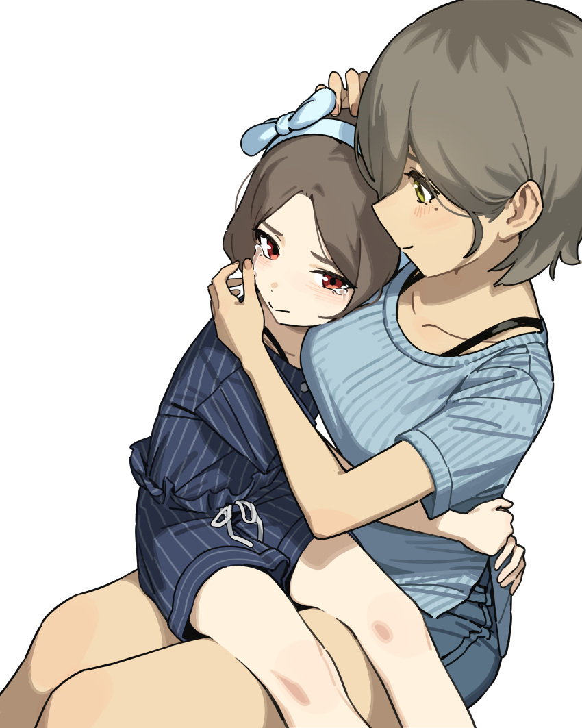 2girls absurdres b1026 blue_hairband blue_shirt blue_shorts blue_sweater bow_hairband breasts brown_hair commentary ebizuka_tomo girls_band_cry green_eyes grey_hair hairband hand_on_another's_head highres hug large_breasts multicolored_hair multiple_girls red_eyes roots_(hair) rupa_(girls_band_cry) shirt short_hair shorts simple_background sitting sitting_on_lap sitting_on_person sweater tears white_background yuri