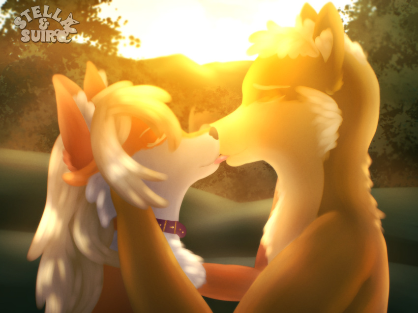 absurd_res blonde_hair buckled_collar cheek_tuft collar detailed_background digital_media_(artwork) digital_painting_(artwork) ears_up eyes_closed facial_tuft forest forest_background fur hair hand_on_cheek hand_on_face hand_on_head hand_on_partner head_tuft hi_res hill holding_cheek holding_each_other holding_face holding_partner inner_ear_fluff isan_(isuckatnames60) kissing light long_hair multicolored_body multicolored_fur nature nature_background orange_body orange_fur painting_(artwork) plant purple_collar stella_(stellaamoris) stellaamoris sun sunlight sunset tongue tree tuft two_tone_body two_tone_fur white_body white_fur white_inner_ear_fluff yellow_body yellow_fur