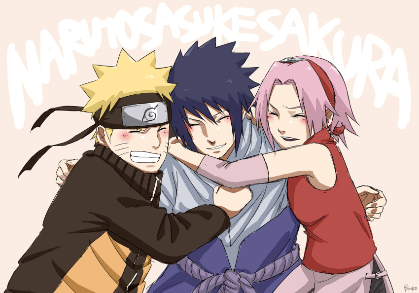 1girl 2boys :d absurdres beige_background black_hair blonde_hair character_name closed_eyes forehead forehead_protector grey_jacket grin haruno_sakura highres hug jacket multiple_boys naruto_(series) naruto_shippuuden ninja open_mouth pink_hair pinoko_(pnk623) red_shirt shirt short_hair simple_background sleeveless sleeveless_shirt smile team7 teeth uchiha_sasuke uzumaki_naruto v-shaped_eyebrows