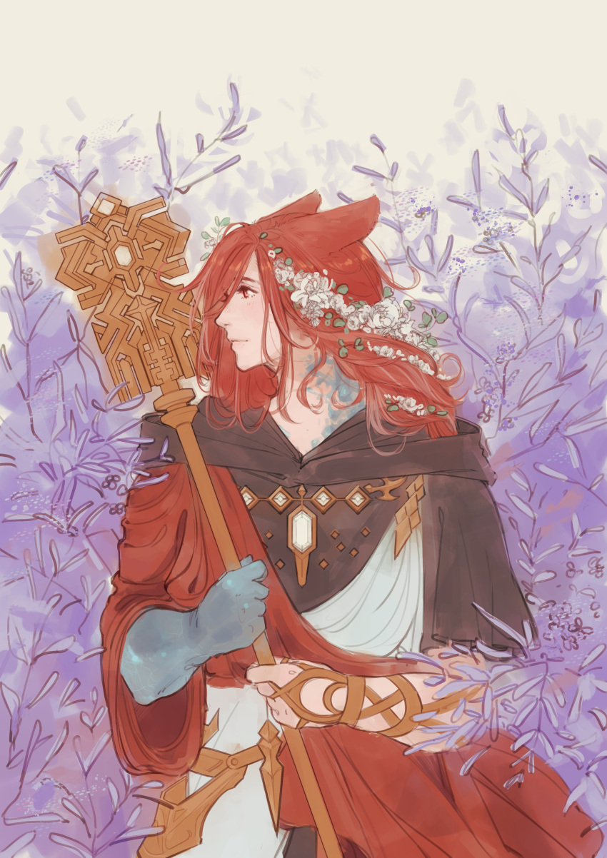 1boy absurdres alternate_hair_length alternate_hairstyle animal_ears cat_ears crystal crystal_exarch facing_viewer final_fantasy final_fantasy_xiv flower g'raha_tia hair_flower hair_ornament haru_(strawbii) highres holding holding_staff hood hood_down long_hair looking_to_the_side male_focus miqo'te red_eyes red_hair solo staff