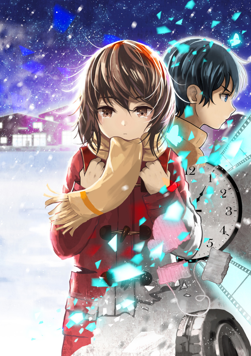 1boy 1girl black_hair blue_eyes boku_dake_ga_inai_machi brown_eyes brown_hair brown_sweater building clock coat commentary film_reel from_side fujinuma_satoru glowing hair_strand hands_on_own_chest highres hinazuki_kayo long_sleeves looking_ahead mittens_removed night night_sky no_gloves partially_colored pink_mittens red_coat scarf shards short_hair sky snow snowing star_(sky) starry_sky sweater tearing_up tears toggles torn_clothes torn_coat torn_mittens uanuan unraveling wind yellow_neckwear yellow_scarf