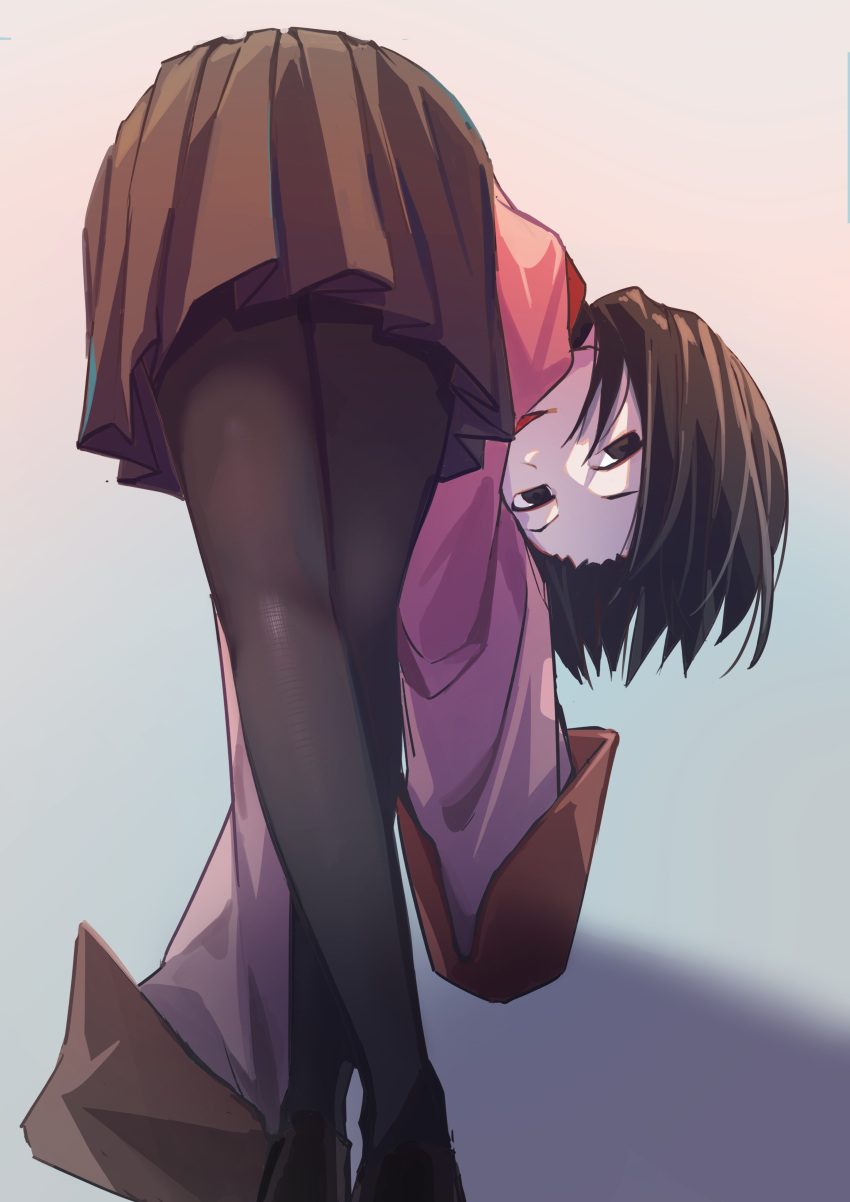 1girl absurdres bakemonogatari bent_over black_eyes black_footwear black_hair black_legwear black_skirt commentary crossed_legs empty_eyes from_behind gradient gradient_background green_background highres leaning_forward long_sleeves looking_at_viewer monogatari_(series) myuga66666 naoetsu_high_school_uniform oshino_ougi oversized_clothes pale_skin pantyhose parted_lips pink_background pink_shirt pleated_skirt school_uniform shaded_face shadow shirt short_hair skirt sleeves_past_fingers sleeves_past_wrists smile solo upside-down