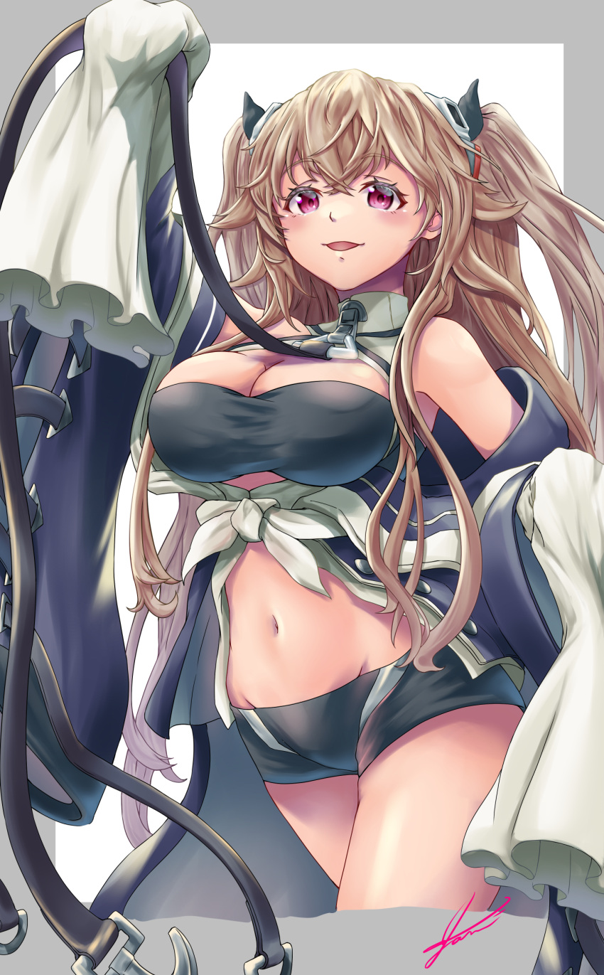 1girl anchor_symbol anchorage_(azur_lane) azur_lane black_shorts blue_coat breasts cleavage coat headgear highres large_breasts light_brown_hair long_hair micro_shorts navel open_clothes open_coat purple_eyes shorts signature simple_background solo thighs very_long_hair very_long_sleeves yam_(yam6056)
