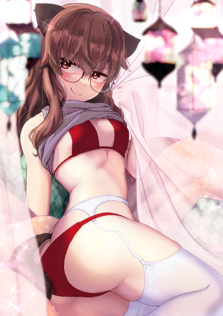 1girl 504th_joint_fighter_wing animal_ears blush bra breasts brown_hair dog_ears dog_tail fernandia_malvezzi garter_belt glasses highres hora_liar lace liar_lawyer looking_at_viewer panties red_bra red_panties small_breasts smile strike_witches tail thighhighs twisted_torso underwear veil white_legwear world_witches_series yellow_eyes