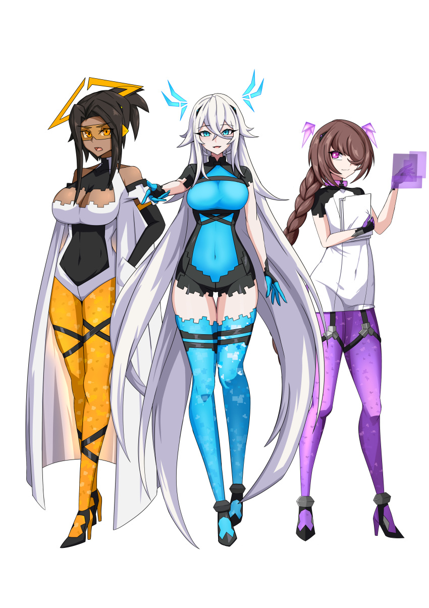 3girls absurdres ahiden blue_legwear breasts brown_hair coat commentary dark-skinned_female dark_skin english_commentary full_body highres holographic_clothing holographic_interface holographic_keyboard long_hair md5_mismatch multiple_girls orange_legwear original pantyhose purple_legwear resolution_mismatch self_upload simple_background smile source_smaller thighhighs white_hair