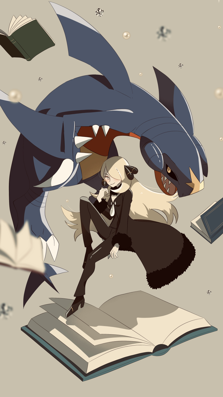 1girl absurdres blonde_hair blurry blush book brown_coat brown_footwear brown_pants closed_mouth coat commentary_request cynthia_(pokemon) eyelashes fur-trimmed_coat fur_trim garchomp grey_background hair_ornament hair_over_one_eye harapeko_(syokuyokuousei) high_heels highres leg_up long_hair long_sleeves looking_at_viewer pants pokemon pokemon_(creature) pokemon_(game) pokemon_dppt smile