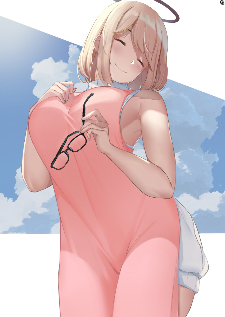 1girl absurdres apron arched_back arknights armpits bangs blonde_hair blush breasts character_request closed_eyes closure_(arknights) cloud commentary copyright_request cowboy_shot english_commentary eyelashes eyewear_removed halo hand_on_breast hands_up head_tilt highres holding holding_eyewear large_breasts leaning_back looking_at_viewer medium_hair shiny shiny_hair shiny_skin sidelocks sleeveless smile solo swept_bangs w4pz