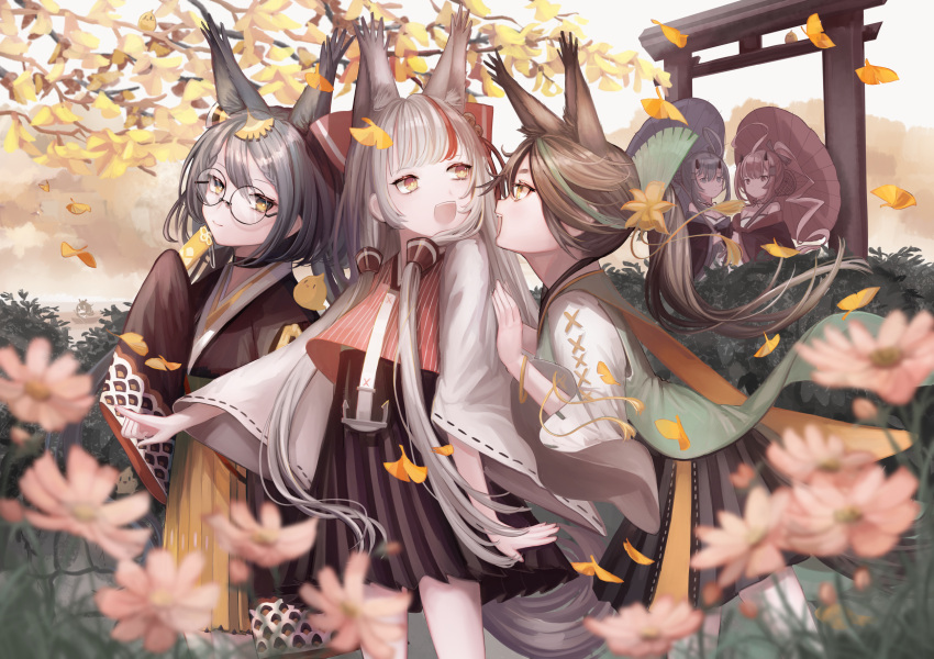 5girls amulet anchor_symbol animal_ears autumn_leaves azur_lane black_hakama blue_hair blurry blurry_foreground braid braided_bangs brown_hair falling_leaves flower fox_ears ginkgo_leaf green_hair grey_hair hakama hakama_short_skirt hakama_skirt hatakaze_(azur_lane) hemorina highres holding holding_umbrella horns ikazuchi_(azur_lane) inazuma_(azur_lane) japanese_clothes kamikaze_(azur_lane) koinobori leaf long_hair matsukaze_(azur_lane) multicolored_hair multiple_girls oil-paper_umbrella omamori oni_horns pink_flower red_hair round_eyewear skirt streaked_hair tail torii two-tone_hair umbrella very_long_sleeves wide_sleeves yellow_eyes yellow_skirt