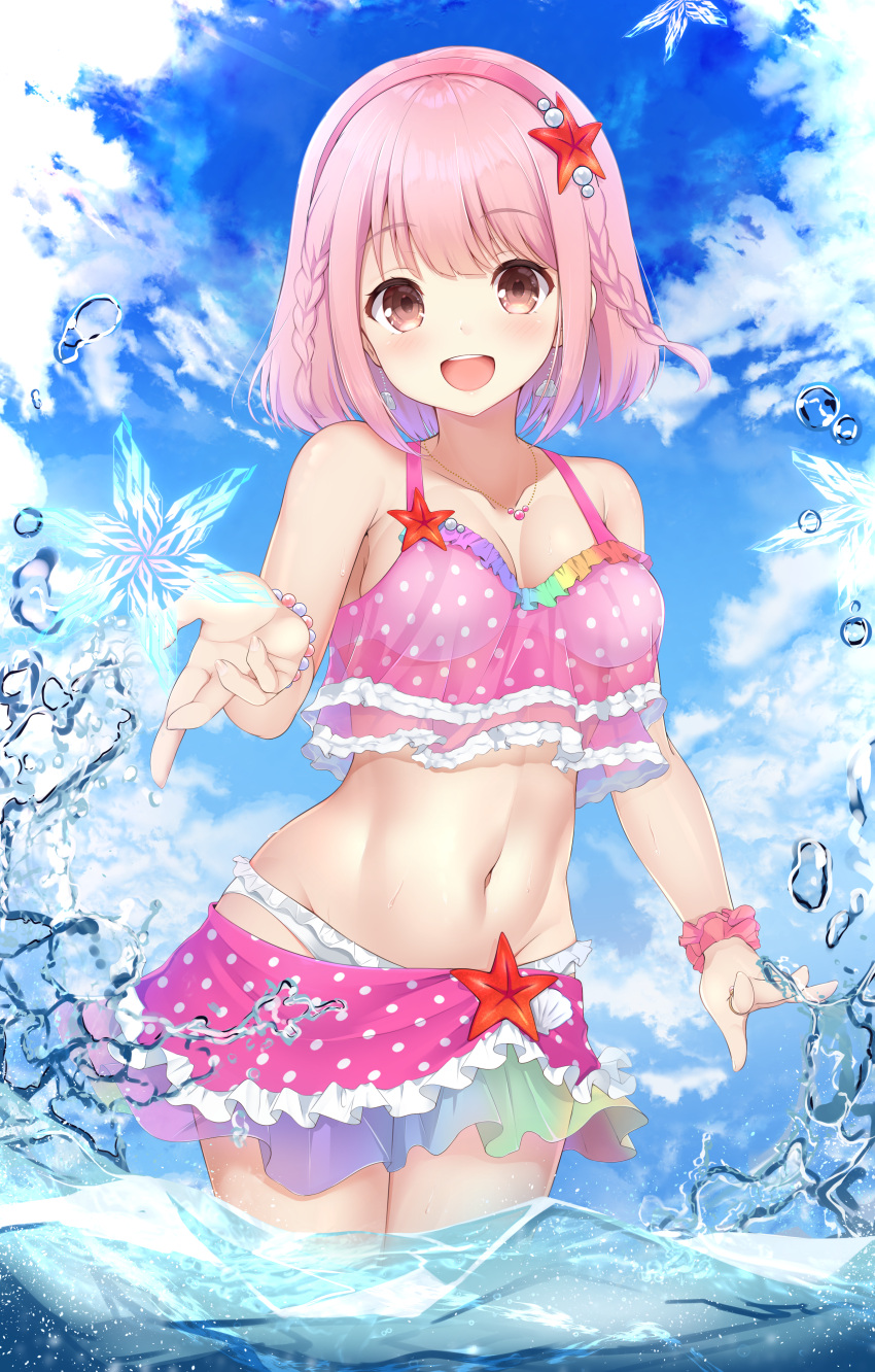 1girl :d absurdres argentum_2o bangs bare_shoulders bikini blue_sky blunt_bangs bracelet braid breasts cloud collarbone earrings frilled_bikini frilled_skirt frilled_swimsuit frills frozen hair_ornament halterneck highres hoshizaki_akari ice jewelry layered_bikini medium_breasts medium_hair midriff navel necklace ongeki open_mouth outstretched_hand pink_eyes pink_hair pink_swimsuit polka_dot ring see-through shell shell_earrings skirt sky smile snowflakes solo standing star_(symbol) star_hair_ornament swimsuit teeth upper_teeth water water_drop wristband