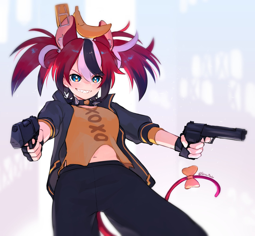 1girl animal_ears banana black_coat black_hair black_jacket black_pants blue_eyes bow breasts cheese choker coat collar dual_wielding food food_on_head fruit fruit_on_head grin gun hakos_baelz handgun highres holding holding_gun holding_weapon hololive hololive_english jacket medium_breasts mouse_ears mouse_girl mouse_tail mousetrap multicolored_hair my_friend_pedro navel object_on_head open_clothes open_jacket orange_shirt pants pistol popped_collar red_hair sharp_teeth shirt smile spiked_choker spiked_collar spikes streaked_hair tail tail_bow tail_ornament teeth twintails twitter_username v-shaped_eyebrows virtual_youtuber weapon white_hair yoako