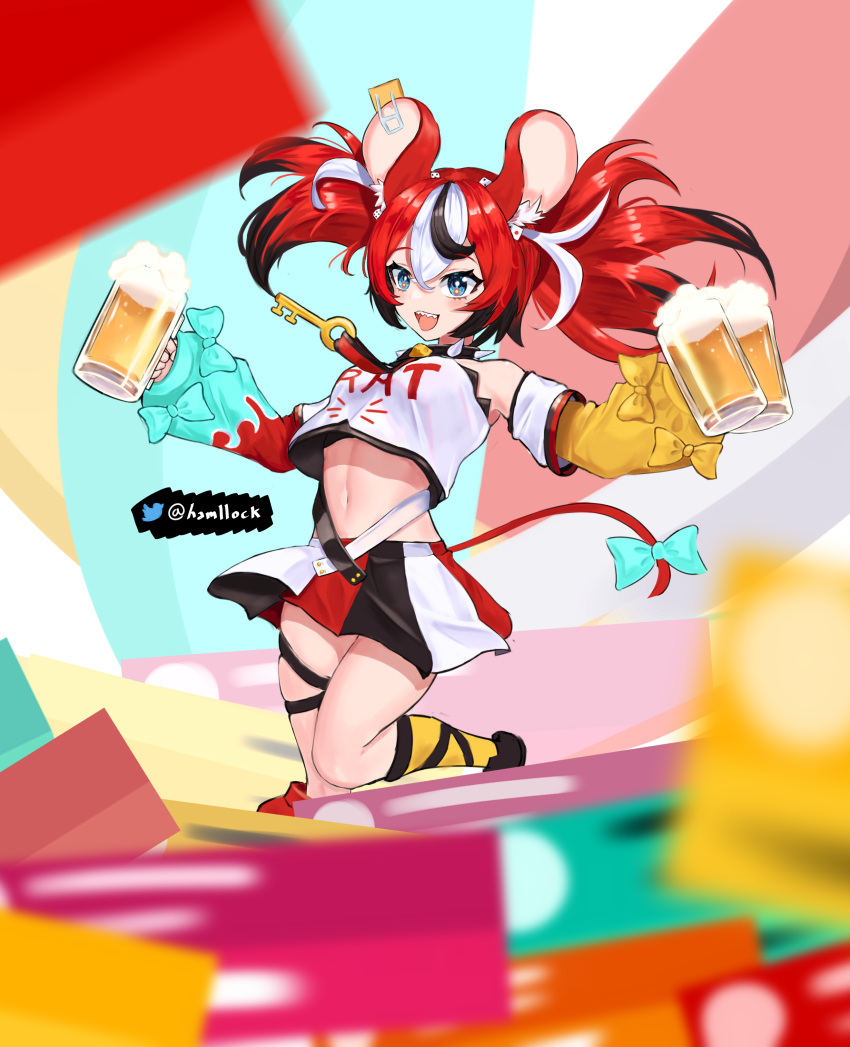 1girl absurdres alcohol animal_ears beer beer_mug black_hair black_skirt blue_eyes breasts cheese choker commentary cup dice dice_hair_ornament english_commentary food hair_ornament hakos_baelz hamllock highres hololive hololive_english mouse_ears mouse_girl mouse_tail mousetrap mug multicolored_hair red_hair red_skirt shirt skirt streaked_hair tail twitter_username virtual_youtuber white_hair white_shirt white_skirt