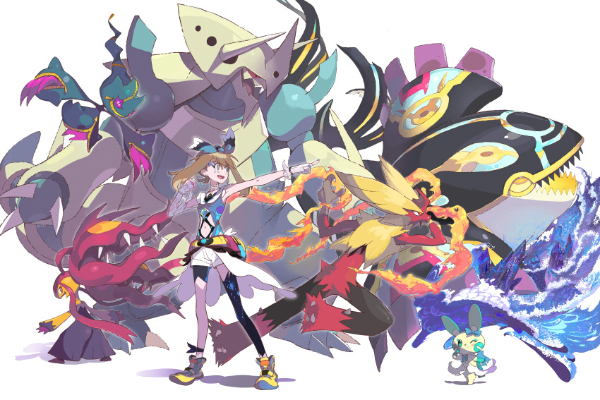 1girl absurdres adapted_costume aggron banette bangs black_legwear blaziken blue_nails brown_hair choker clothed_pokemon commentary eyebrows_visible_through_hair fang gloves grey_eyes highres hiro_(user_negm3832) holding holding_poke_ball kyogre long_hair mawile may_(pokemon) mega_aggron mega_banette mega_blaziken mega_mawile mega_pokemon minun nail_polish navel open_mouth pointing poke_ball pokemon pokemon_(creature) pokemon_(game) pokemon_oras premier_ball primal_kyogre shoes shorts single_thighhigh sleeveless smile sparkling_eyes standing thighhighs tongue white_background white_choker white_shorts yellow_footwear