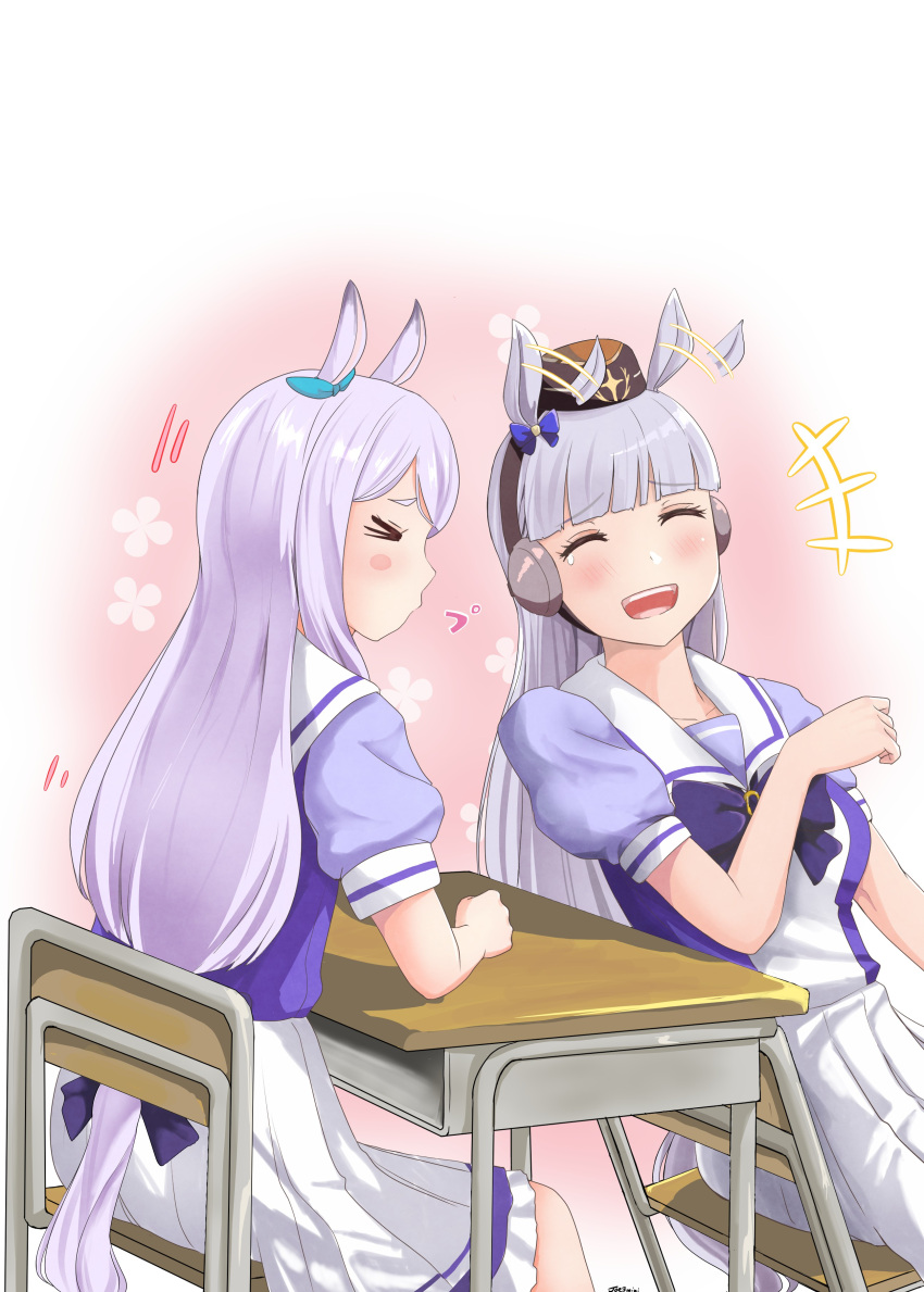 2girls absurdres afterimage animal_ears bangs blue_ribbon blunt_bangs blush bow bowtie chair closed_eyes desk ear_ribbon eyebrows_visible_through_hair flapping_ears frilled_skirt frills gold_ship_(umamusume) grey_hair headgear highres horse_ears horse_girl horse_tail jousanrou laughing light_purple_hair long_hair mejiro_mcqueen_(umamusume) multiple_girls open_mouth pillbox_hat pleated_skirt puffy_short_sleeves puffy_sleeves purple_bow purple_bowtie purple_shirt ribbon sailor_collar sailor_shirt school_uniform shirt short_sleeves sitting skirt smile summer_uniform tail tears tracen_school_uniform umamusume uniform white_skirt