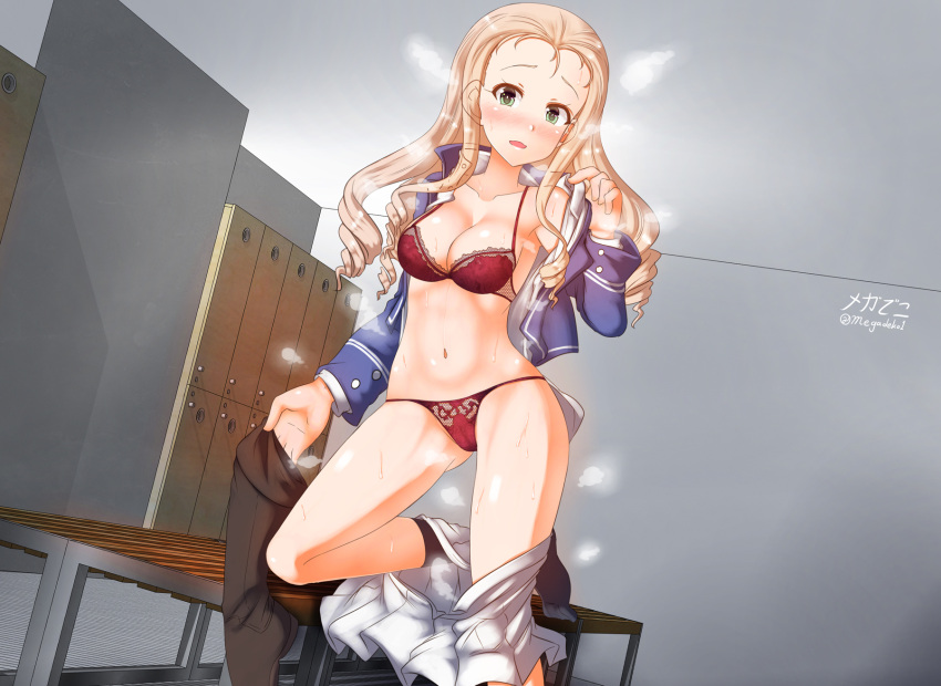 1girl aquaegg artist_name bc_freedom_military_uniform black_legwear blonde_hair blue_jacket blush bra breasts clothes_pull commentary_request dress_shirt drill_hair dutch_angle girls_und_panzer green_eyes highres holding holding_clothes holding_legwear indoors jacket leg_up locker locker_room long_hair long_sleeves looking_at_viewer marie_(girls_und_panzer) medium_breasts military military_uniform miniskirt open_clothes open_jacket open_mouth open_shirt open_skirt opened_by_self panties pleated_skirt red_bra red_panties shirt signature skirt skirt_pull socks solo standing standing_on_one_leg steam sweat twitter_username underwear undressing uniform white_shirt white_skirt