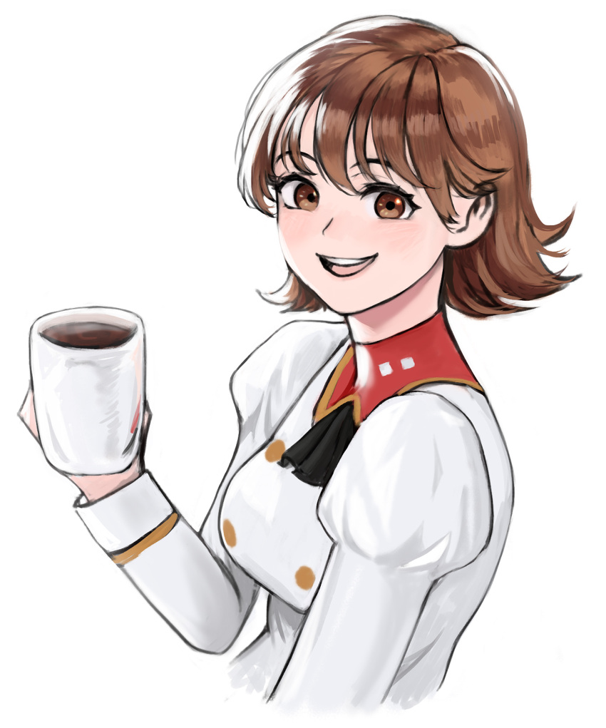1girl agent_aika aika_(series) ascot azelweien bad_id bad_pixiv_id black_ascot breasts brown_eyes brown_hair buttons coffee coffee_mug commentary_request cup delmogeny_uniform highres holding holding_cup jacket juliet_sleeves long_sleeves medium_breasts mug pink_delmo puffy_sleeves short_hair smile suzie_(agent_aika) uniform upper_body white_delmo white_jacket