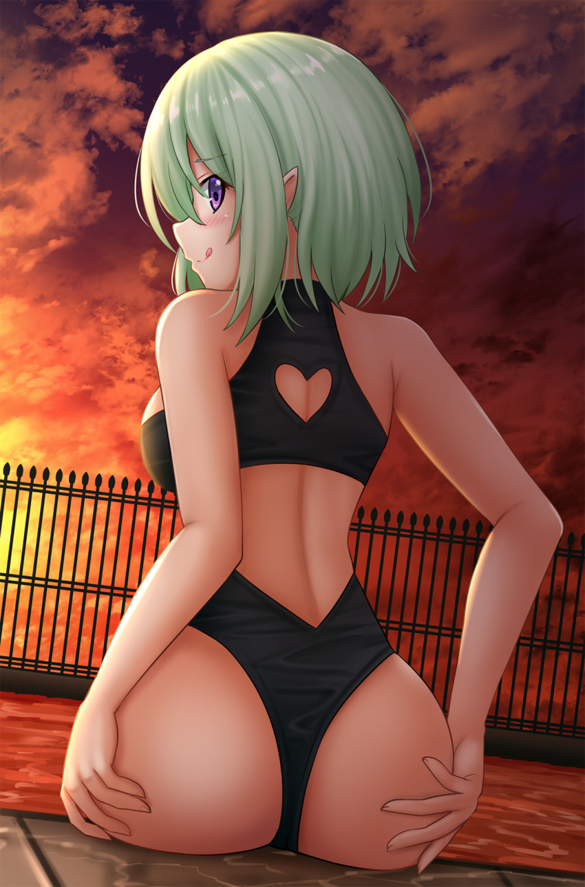 1girl :q ass backless_swimsuit bangs bare_arms bare_shoulders black_swimsuit breasts clothing_cutout commentary druj_(jahy) eyebrows_visible_through_hair fence from_behind green_hair hair_between_eyes heart_cutout highres jahy-sama_wa_kujikenai! kazenokaze looking_at_viewer looking_back medium_breasts one-piece_swimsuit outdoors pointy_ears purple_eyes sitting solo sunset swimsuit tongue tongue_out water