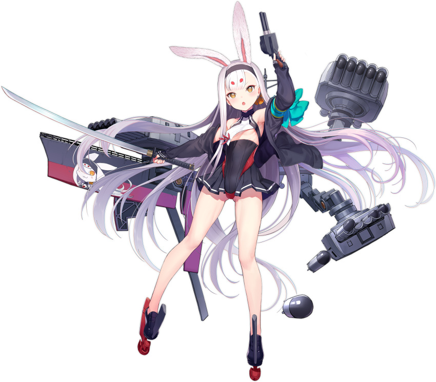 1girl animal_ears azur_lane bikini_over_clothes blush breasts brown_eyes dual_wielding full_body gun hairband highres holding holding_sword holding_weapon jacket katana kuroboshi_kouhaku long_hair long_sleeves machinery official_art open_clothes open_jacket open_mouth rabbit_ears shimakaze_(azur_lane) sleeves_past_wrists small_breasts solo swimsuit swimsuit_over_clothes sword torpedo torpedo_launcher transparent_background weapon white_hair