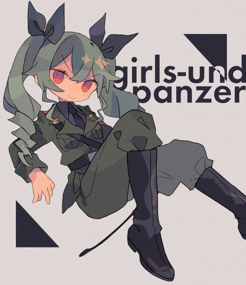 1girl :&gt; anchovy_(girls_und_panzer) anzio_military_uniform bad_id bad_tumblr_id bangs belt black_belt black_footwear black_necktie black_ribbon boots breast_pocket c: closed_mouth copyright_name daizu_(melon-lemon) drill_hair elbow_rest eyebrows_visible_through_hair eyes_visible_through_hair film_grain foot_out_of_frame from_side girls_und_panzer gradient_eyes grey_background grey_hair grey_jacket grey_pants hair_between_eyes hair_ribbon highres jacket knee_boots knee_up long_hair long_sleeves looking_at_viewer looking_to_the_side multicolored_eyes necktie no_nose outstretched_leg pants pink_eyes pocket red_eyes ribbon riding_crop sam_browne_belt sidelocks sitting smile solo twin_drills twintails v-shaped_eyebrows wing_collar