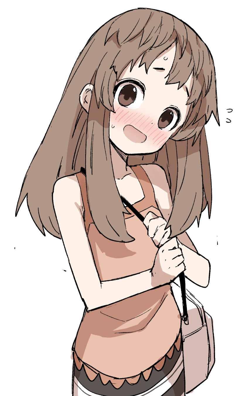 1girl bag bangs bare_arms bare_shoulders blush brown_dress brown_eyes brown_hair commentary_request dress flying_sweatdrops head_tilt highres long_hair looking_at_viewer nose_blush shoulder_bag simple_background sleeveless sleeveless_dress solo subete_no_jinrui_wo_hakai_suru._sorera_wa_saisei_dekinai. suwabara_yakumo sweat white_background yamamoto_souichirou